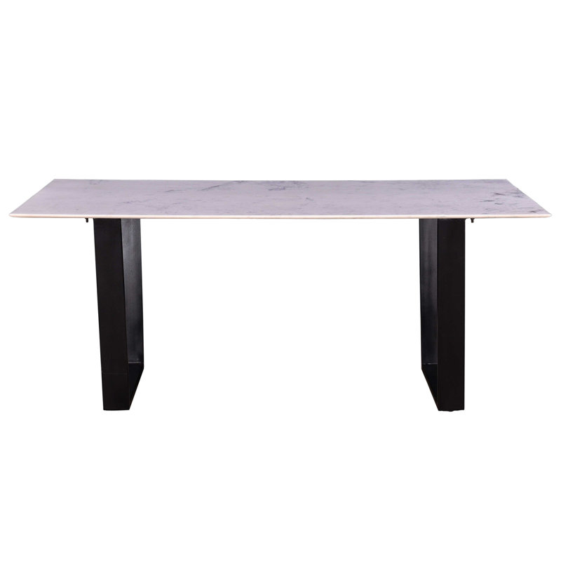 Table de salle à manger rectangulaire moderne avec plateau en marbre, base en métal robuste, noir / blanc