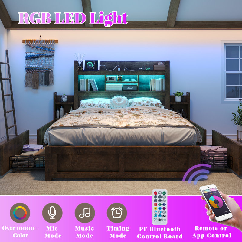 Farmhouse Bed Frame with Bookcase Headboard, 2 Detachable Racks, 4 Drawers & RGB LED, Queen, Brown