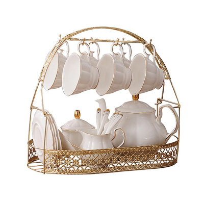 15 Pieces Simple White English Ceramic Tea Sets,Tea Pot,Bone China Cups Without Metal Holder,Matching Spoons,Afternoon Tea Set Service Coffee Set