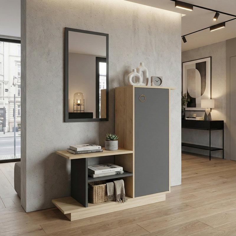 Alcott Modern Hall Tree with Mirror and Storage Cabinet