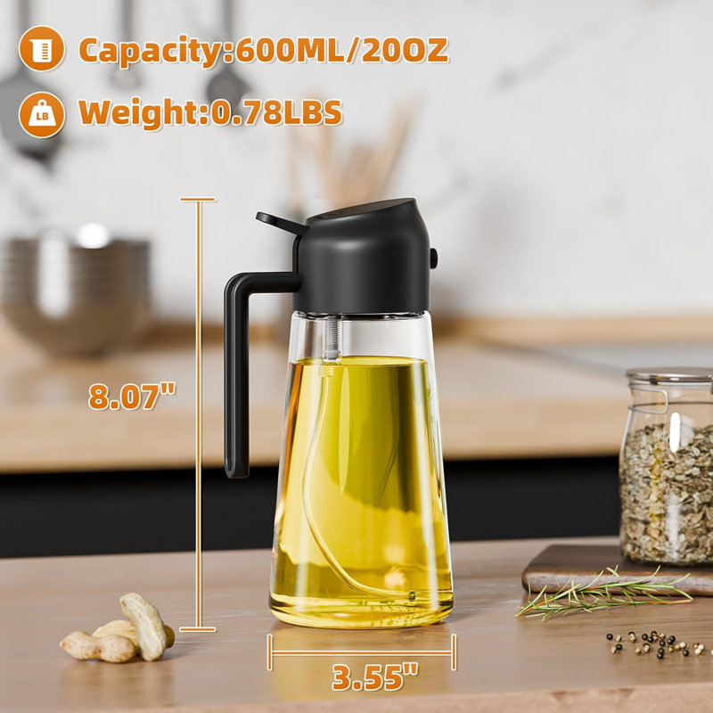 Distributeur d'huile en verre 20 oz - Bouteille d'huile d'olive étanche avec bouchon rabattable (noir)