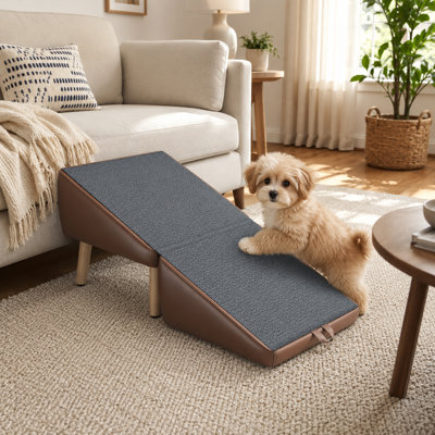 2 in 1 Foldable Dog Stairs with Solid Wood Legs for Couch and Bed