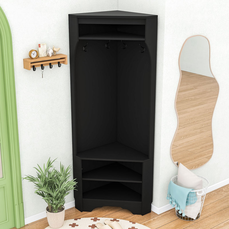 Modern Corner Coat Rack with Shoe Bench & Storage, Black