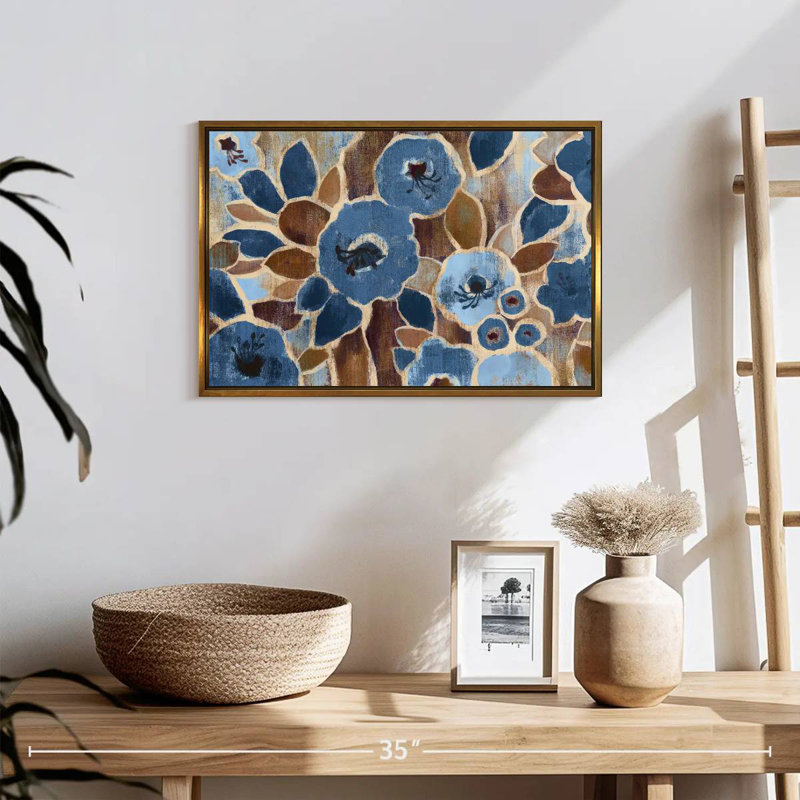 Tapisserie contemporaine bleue, 19 po x 13 po, Cadre flottant doré