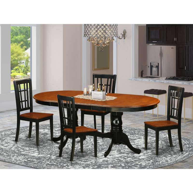 5 Piece Dining Room Furniture Set Includes an Oval Wooden Table with Butterfly Leaf and 4 Kitchen Dining Chairs, Black & Cherry