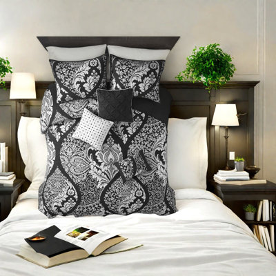 Ensemble de literie élégant en coton 6 pièces, noir, style transitionnel pour la maison