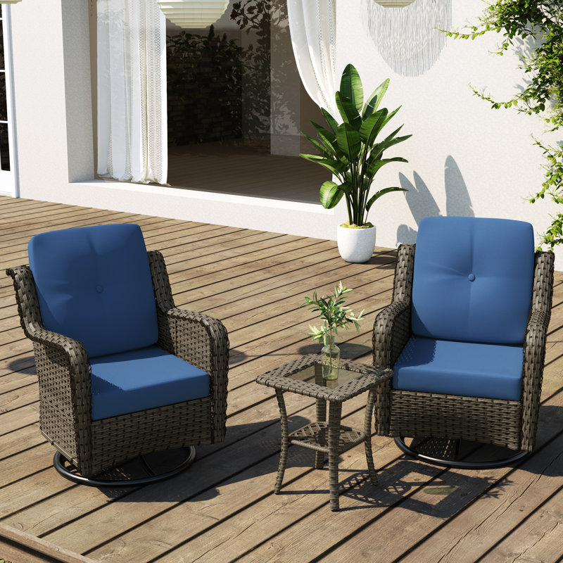Auryanna Rattan Outdoor Furniture 2 Swivel Chairs with Waterproof Coushions and Glass Top Table Set, Brown/Gray, Blue