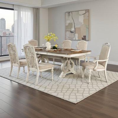 Ensemble de table de salle à manger 7 pièces Arca avec chaises en tissu, bois massif blanc antique