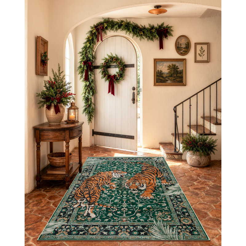 Tapis lavable vert foncé Goldene Vintage, Dark Green, Rectangle 5 pi x 7 pi