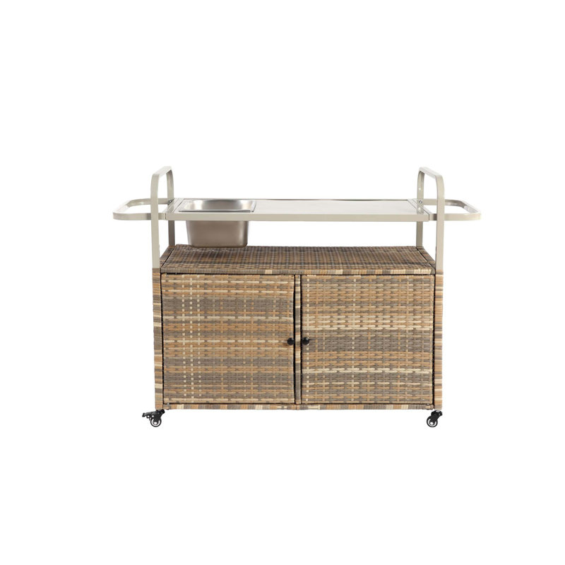 Outdoor Bar Table, Wicker Bar Cart with Cabinet, Patio Serving Cart with steel Top, with one ice bucket,Lockable Wheels, Side Basket for Garden, Poolside & Backyard