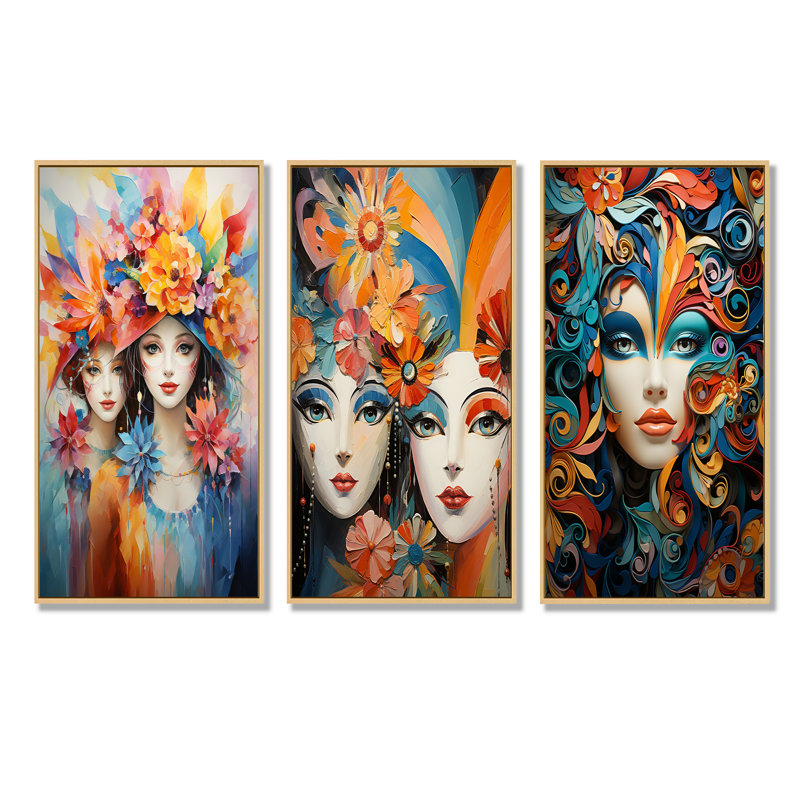 Portrait de femme Venise Carnaval - Italie, ensemble de 3 décorations murales, H 40 po x l 60 po, Cadre flottant brun