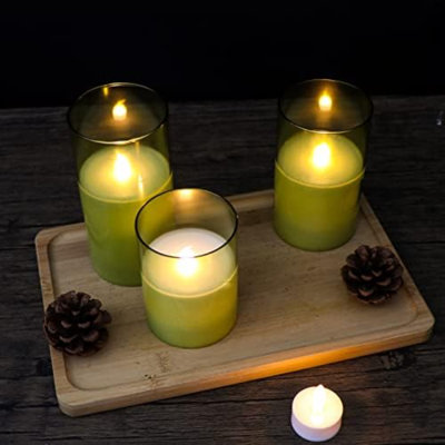 Green Glass Battery Operated Flameless Led Candles With 10-Key Remote And Timer, Real Wax Candles Warm White Flickering Light For Home Decoration(Set Of 3)