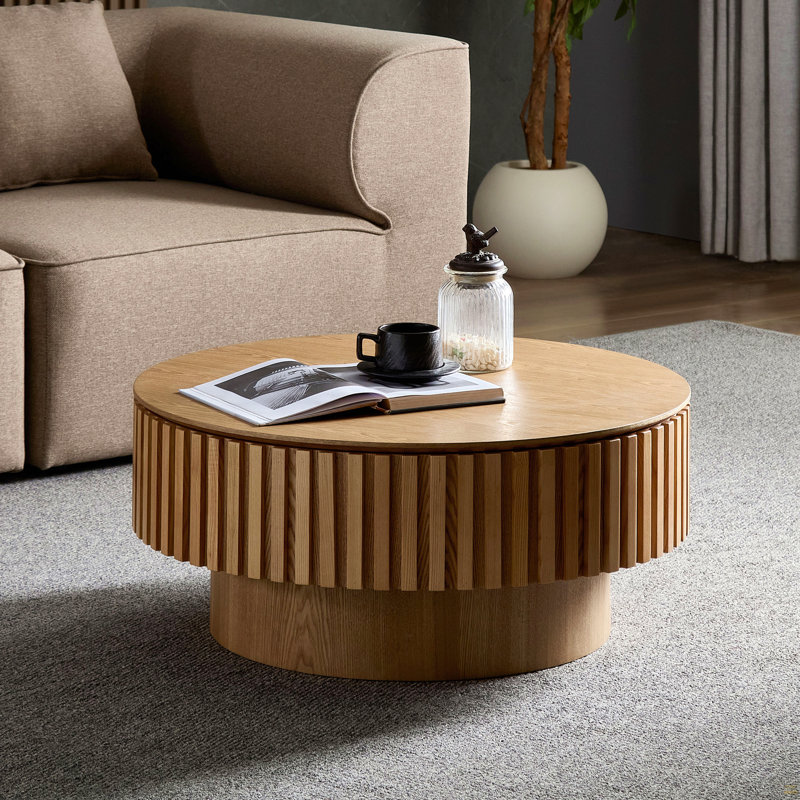 Table basse 31,49 po ronde en bois avec rangement, Bois de frêne naturel