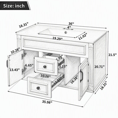 Meuble-lavabo flottant mural 36 po avec lavabo en céramique, style français simple avec rayures, charnières à fermeture en douceur, hauteur personnalisable et dossier ouvert