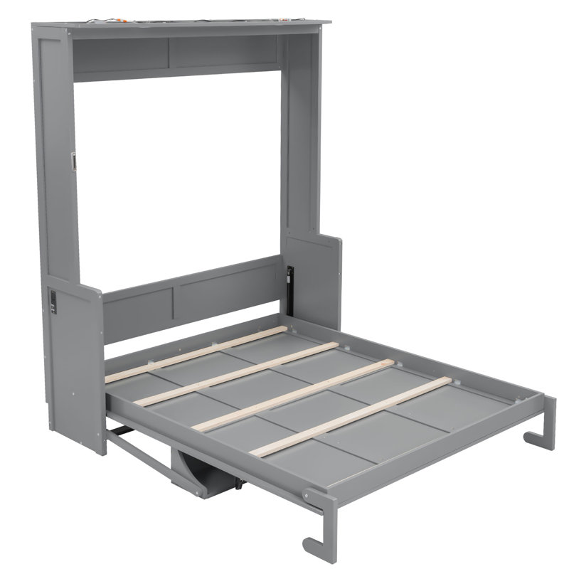 Grand lit escamotable avec bureau, lumières DEL et station de charge USB intégrée, Gris