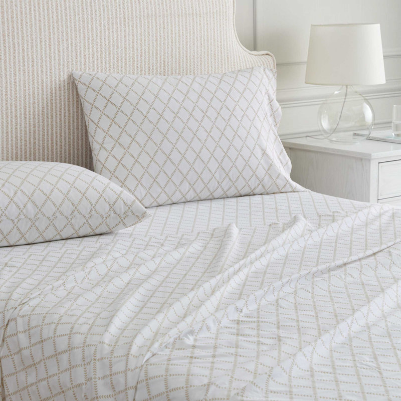 Martha Stewart Cotton Percale  Sheet Set, Queen Sheet Set with 2 Pillowcases, Leaf Trellis Beige
