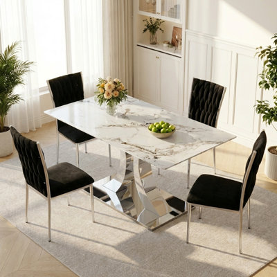 63" Glass Dining Table Set For 4, Pandora Pattern Tempered Glass Table With Convertible Leg Style & Velvet Chairs, For Dining Room, Family Gatherings