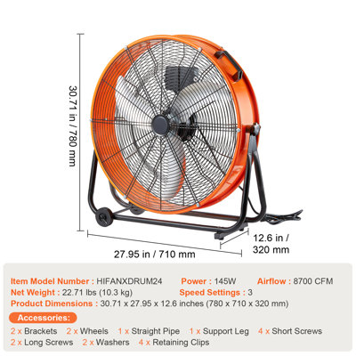 Ventilateur industriel à tambour de 61 cm (24 pouces) à haute vitesse, robuste, usage commercial intensif, 3 vitesses, 8 600 CFM, inclinaison réglable à 360°, minuterie de 0 à 2 h, pour entrepôt, atelier, usine, sous-sol.