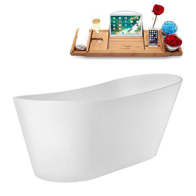 67" Streamline Soaking Glossy White Freestanding Tub and Tray With Internal Drain, Brushed Brass
