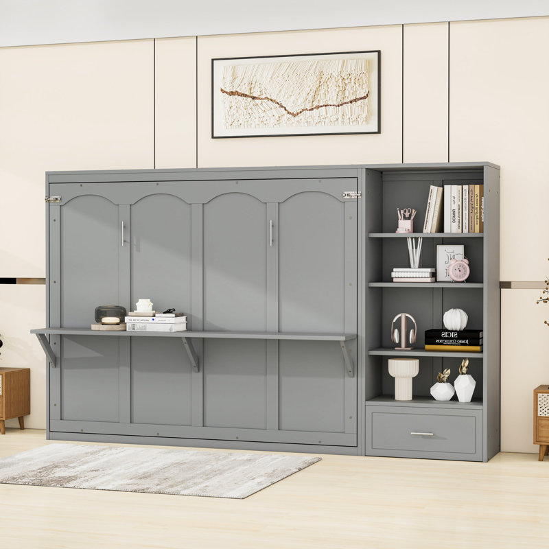Grand lit escamotable avec tablette et tiroir, gris
