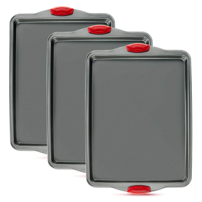 Heavy-Duty Nonstick Gray Sheet Pans with Red Silicone Grips