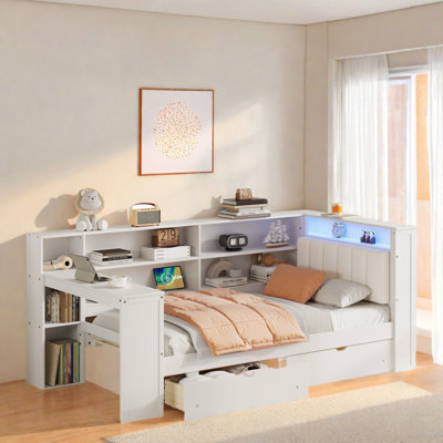 Lit de jour en bois avec tablettes de rangement, 2 tiroirs, station de charge, DEL, bureau et tête de lit tapissier