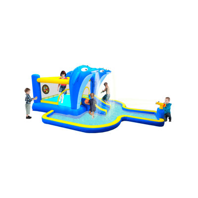 8 In1 Inflatable Slide Water Park Trampoline Bouncing House Outdoor Garden With  Dolphin Sprinkler & Target Games & Water Gun & Basketball