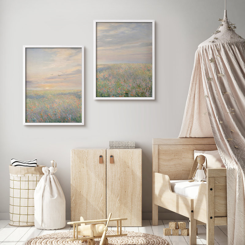 Ensemble d'art mural encadré 2 pièces Sunrise Meadow - impressions de paysage impressionnistes pour le salon ou le couloir