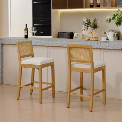 Solid Wooden Rattan-Back Bar Stool, Matte Linen Cushion With High-Resilience Foam And S-Springs
