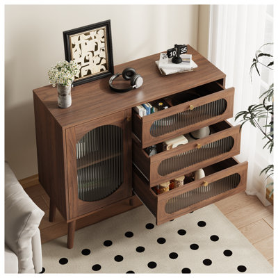 Natural Wood Accent Cabinet with 3 Drawers and Door - Spacious Storage Cabinet with Shelves, Sideboard for Living Room & Entryway