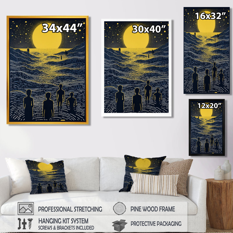Âmes marchant vers la lumière, océan, pleine lune, vagues I - paysage abstrait, art mural, Toile avec cadre flottant noir