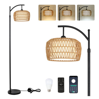 Dimmable Arc Floor Lamp with Remote & Smart Bulb, Mid-Century Modern Rattan Standing Lamp, Adjustable Boho Farmhouse Light for Living Room & Bedroom