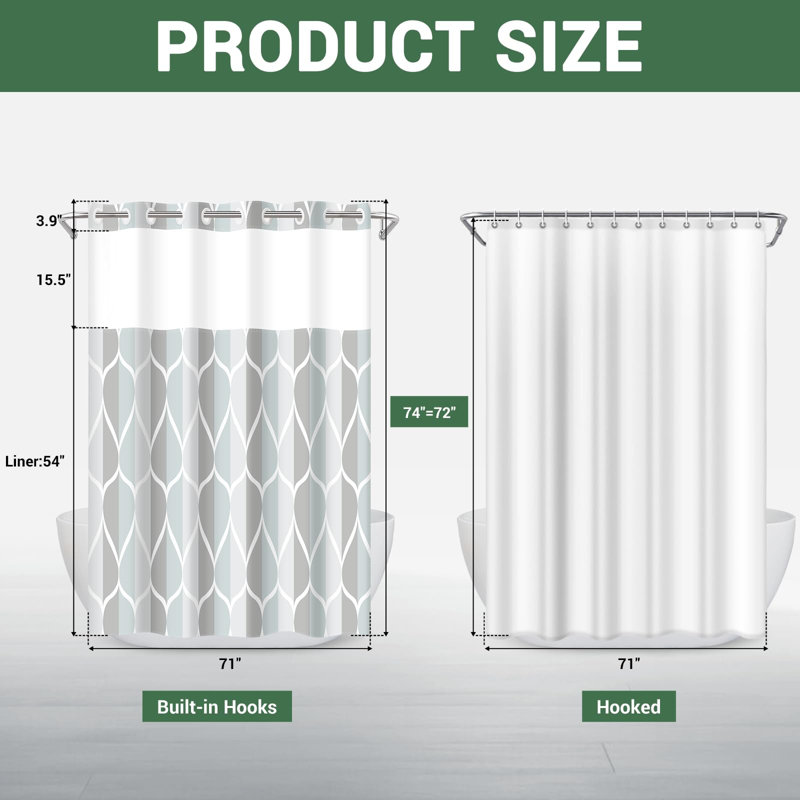 No Hook Grey Shower Curtain With Snap In Fabric Liner Set - Hotel Style With See Through Mesh Top Window, Modern Geometric Waterdrop Design,Waterproof And Washable, 71X74 INCH