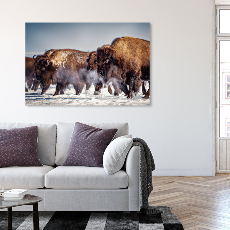 Buffalo Herd In A Snow Landscape Print, 36" H x 54" W, Wrapped Canvas