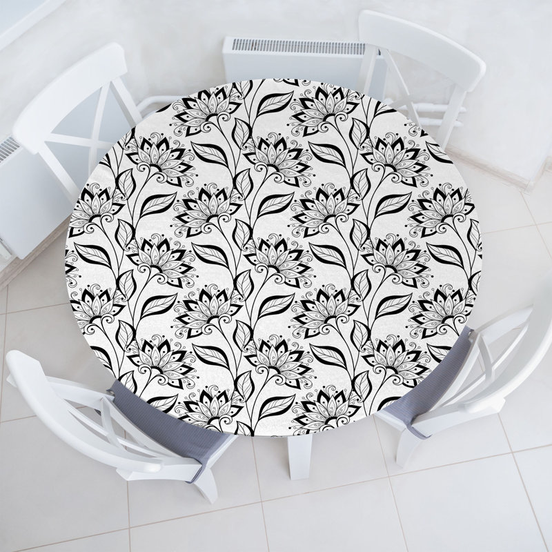 Ambesonne Fitted Round Tablecloth, 51.97" Round, Black/White Floral