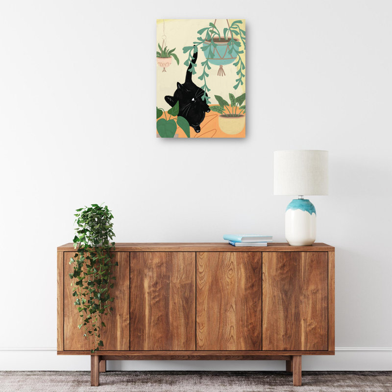 Black Cat in Greenery Canvas Art Print, 14" x 11"