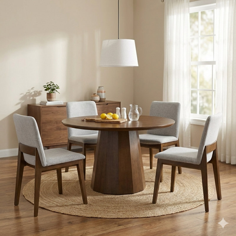 5-Piece Round Dining Set, Seats 4, 47.2" Pedestal Dining Table & 4 Tall-Back Grey Upholstered Chairs