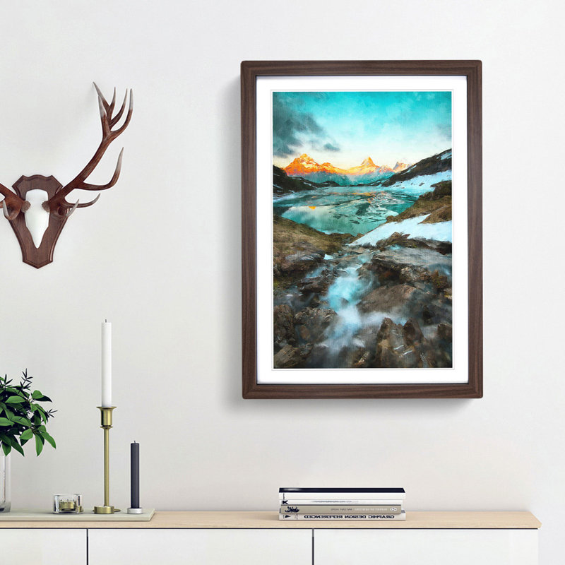 Mountain View in Switzerland - Picture Frame Painting Print, 45cm H x 33cm W x 2cm D, Walnut Framed
