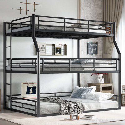 Heavy-Duty Metal Triple Bunk Bed with Safety Guardrails and Noise-Reduced Design