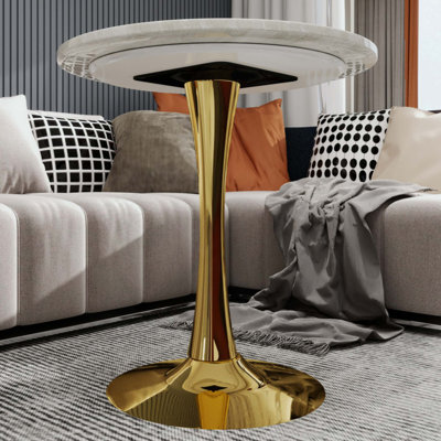 Mid-Century Modern Round Table, Veined Faux Marble Tabletop Multi-Purpose Coffee & Dining Table, Accommodates 2-4 People