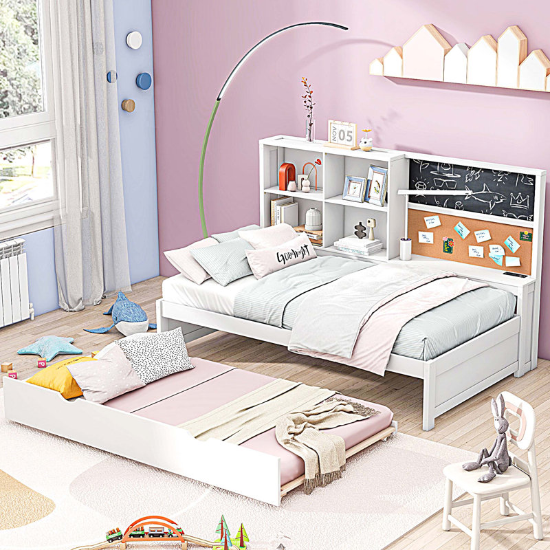 Daybed with Storage Shelves, Blackboard, Cork board, USB Ports and Twin Size Trundle, Twin