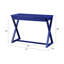 Bureau bleu spacieux avec une base en bois en forme de X et une surface supérieure
