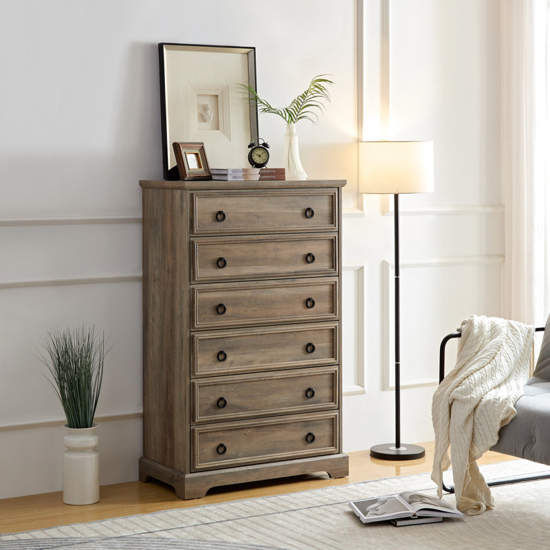 Commode de rangement moderne pour la chambre à coucher - 6 tiroirs, surmatelas, 6 grands espaces de rangement gris délavé, construction,