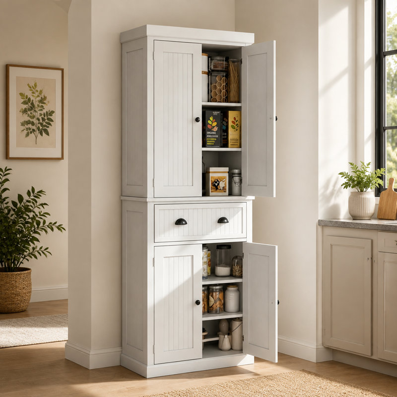 Armoire de rangement blanche autoportante avec étagères réglables pour cuisine ou salle de bain
