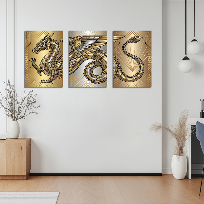 Ensemble de 3 tableaux muraux sur toile dorée représentant un dragon mécanique, H 18 po x l 36 po