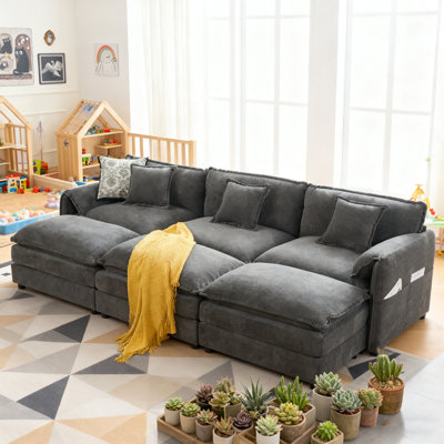 Oversized Deep Seat Sectional Cloud Sofa Sleeper With 3 Ottomans & Soft Pillows, Modular Couch Bed For Living Room, Apartment, DIY Combination Chenille,Grey