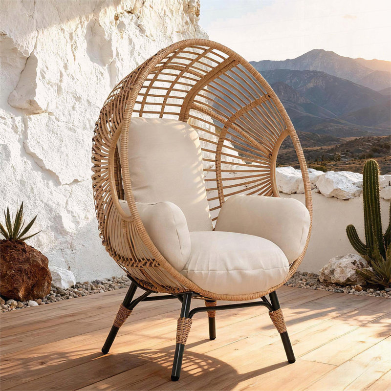 Fauteuil à œufs suspendu avec dossier arqué, coussin de 8 pouces et capacité de 400 lb, Coussin crème / structure naturelle