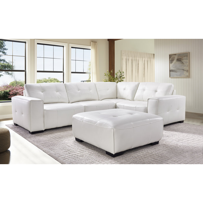 Modular Leather Sectional with Ottoman, Large 5 Seats Tufted Cushion, White Faux Leather