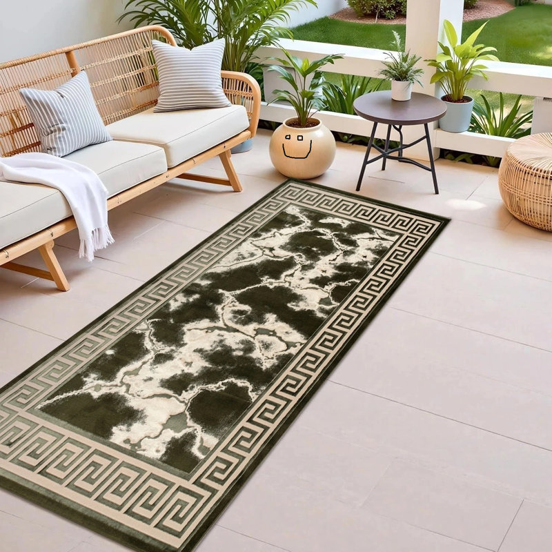 Abstract Kilim Area Rug, Green, Runner 80 x 300 cm
