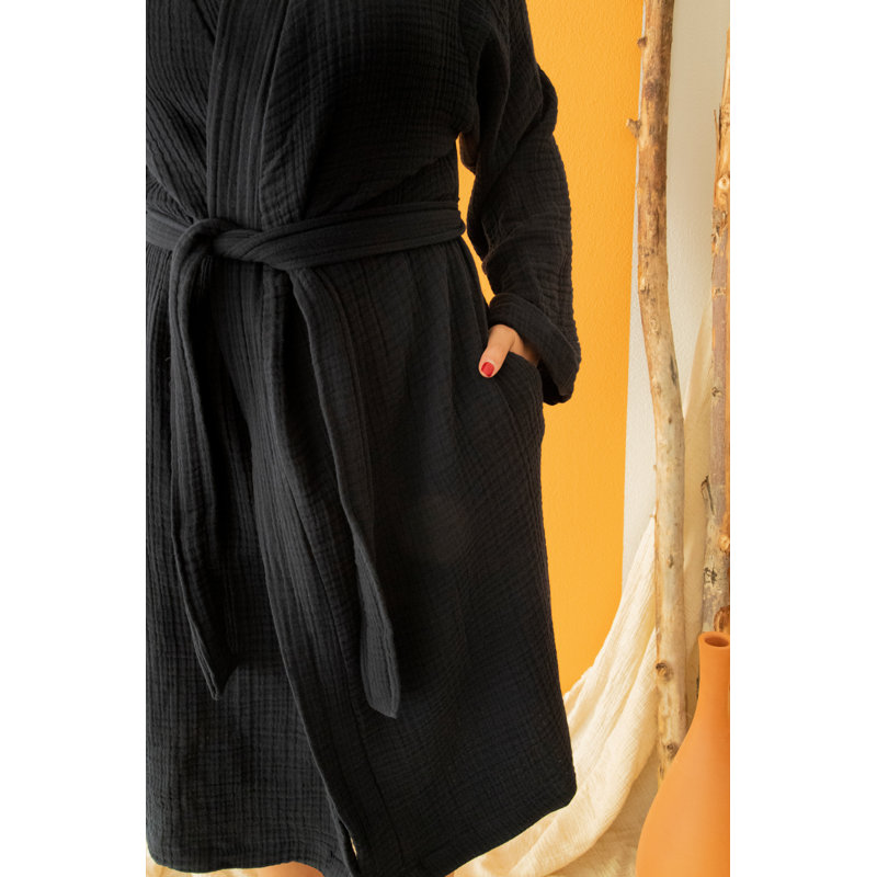 100% peignoirs turcs en mousseline de coton, robes légères et respirantes, M, Noir